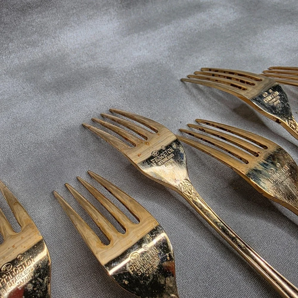(X8) Hanford Forge Princeton Gold Electroplate Dinner Forks 7.5